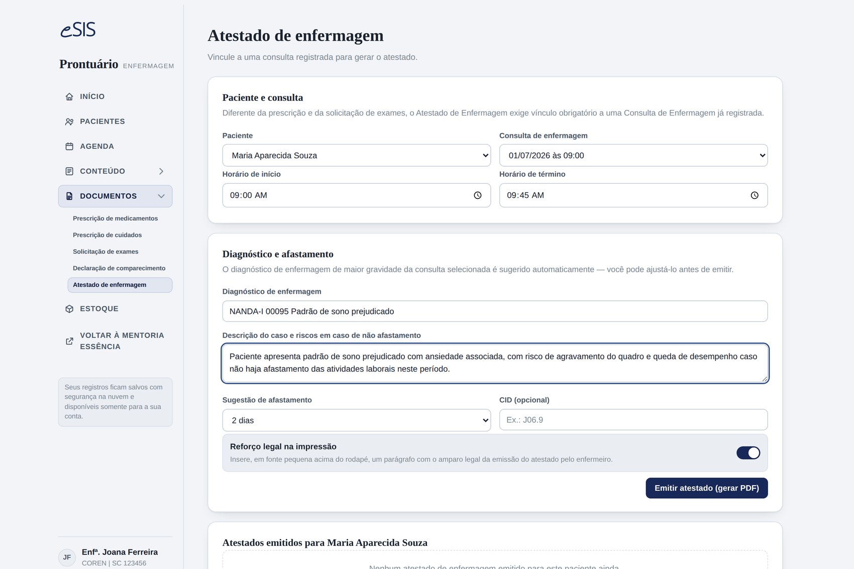 Tela de emissão do Atestado de Enfermagem com consulta vinculada e diagnóstico sugerido automaticamente