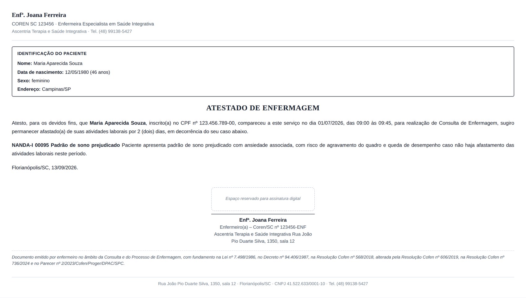 PDF gerado do Atestado de Enfermagem com timbre profissional, texto legal e espaço para assinatura